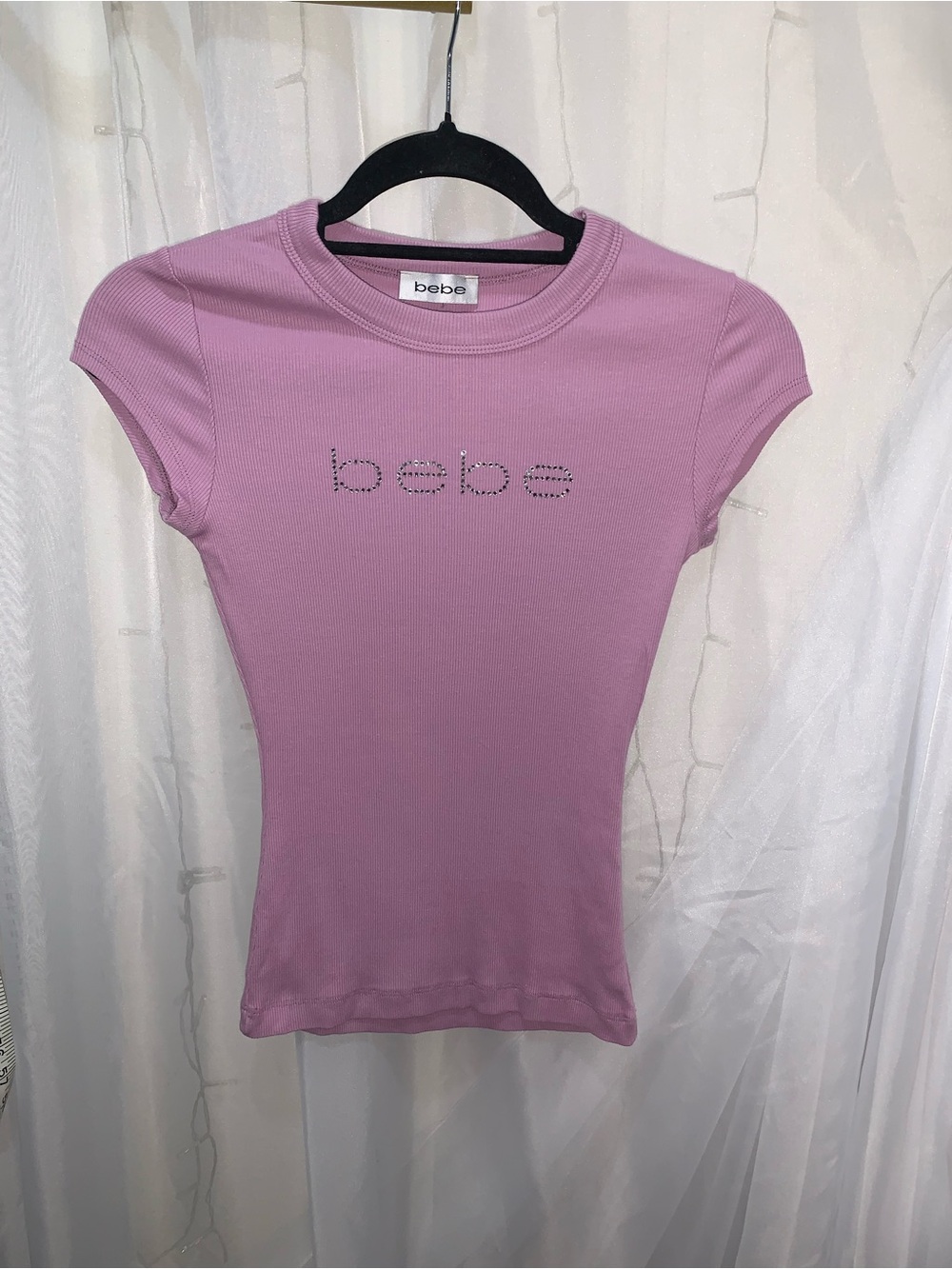 Bebe Lavender Rhinestone Ribbed Shirt